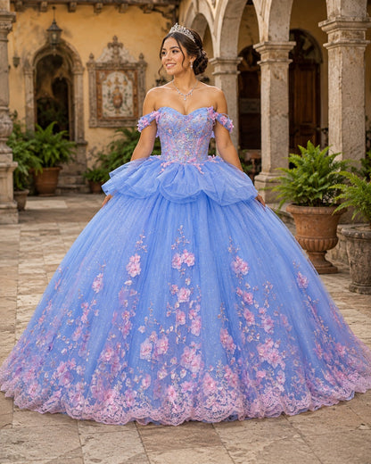 Vestido de Quinceañera Azul Cielo con Aplicaciones Florales Rosas ID600492-XV033