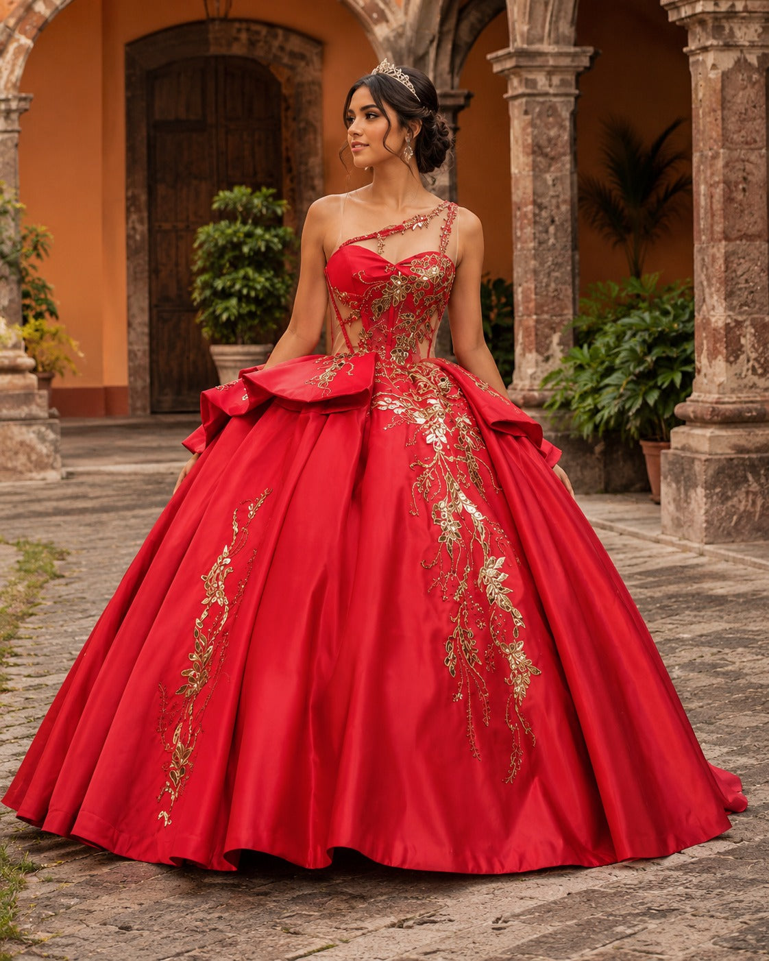 Vestido de Quinceañera Rojo con Bordado Dorado y Diseño Asimétrico ID600492-XV035