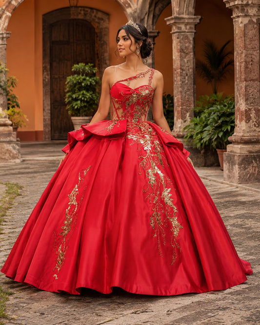 Vestido de Quinceañera Rojo con Bordado Dorado y Diseño Asimétrico ID600492-XV035