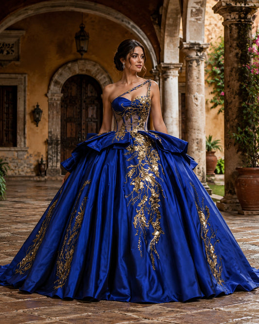 Vestido de Quinceañera Azul Rey con Bordado Dorado y Diseño de Un Hombro ID600492-XV037