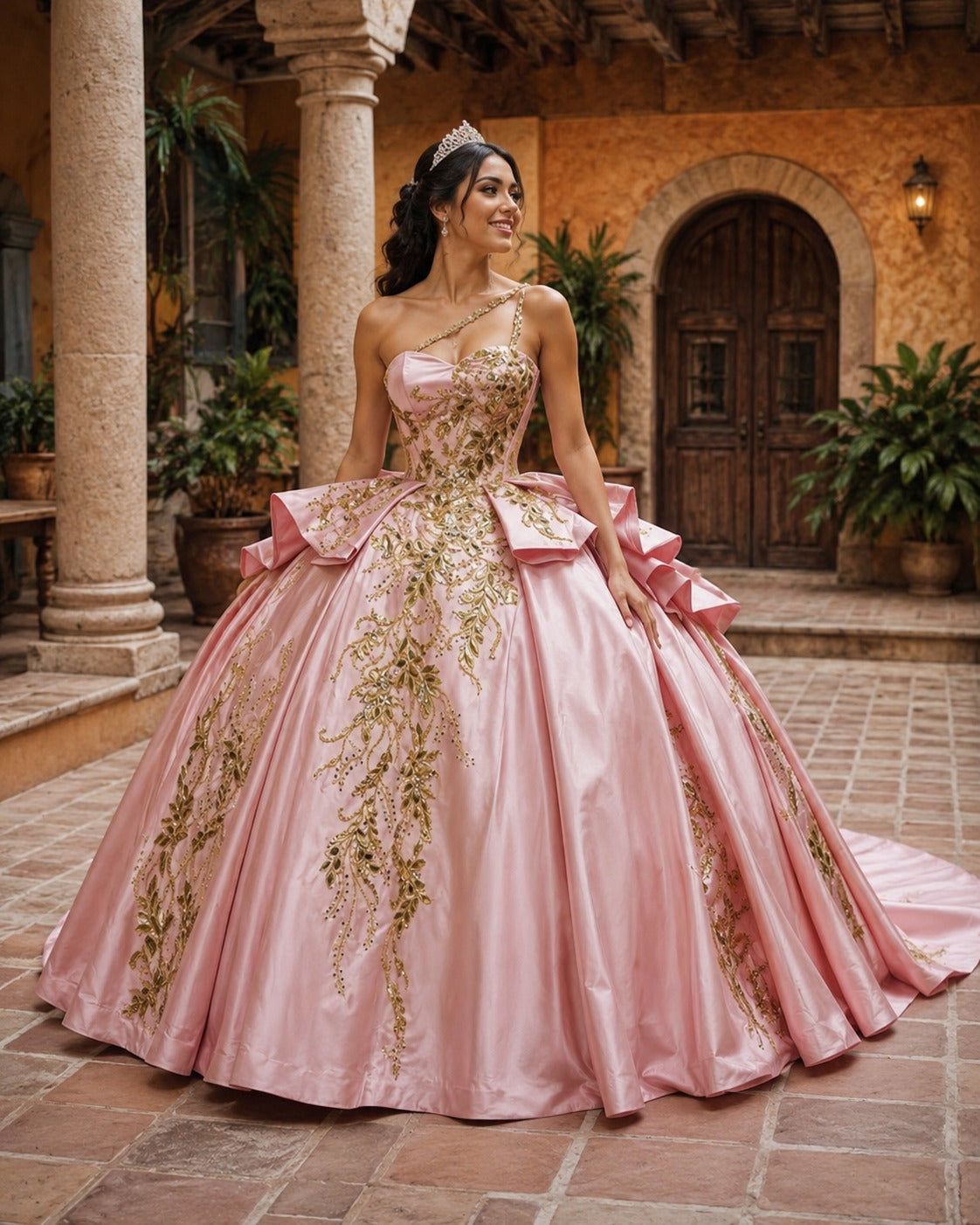 Vestido de Quinceañera Rosa Blush con Bordado Dorado y Diseño de Un Hombro ID600492-XV038