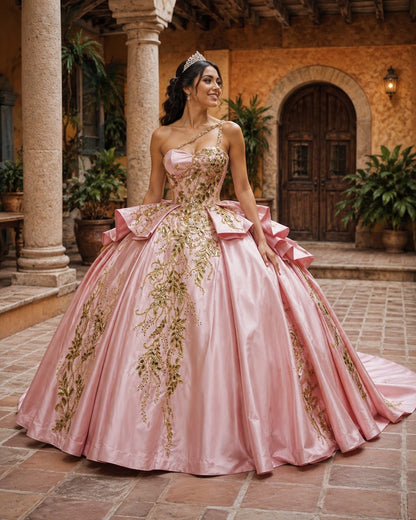Vestido de Quinceañera Rosa Blush con Bordado Dorado y Diseño de Un Hombro ID600492-XV038
