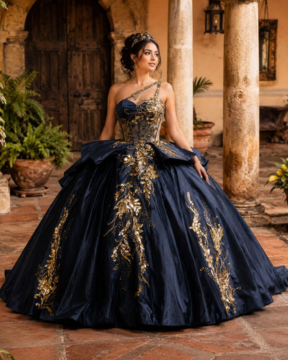 Vestido de Quinceañera Azul Marino con Bordado Dorado y Diseño de Un Hombro ID600492-XV039