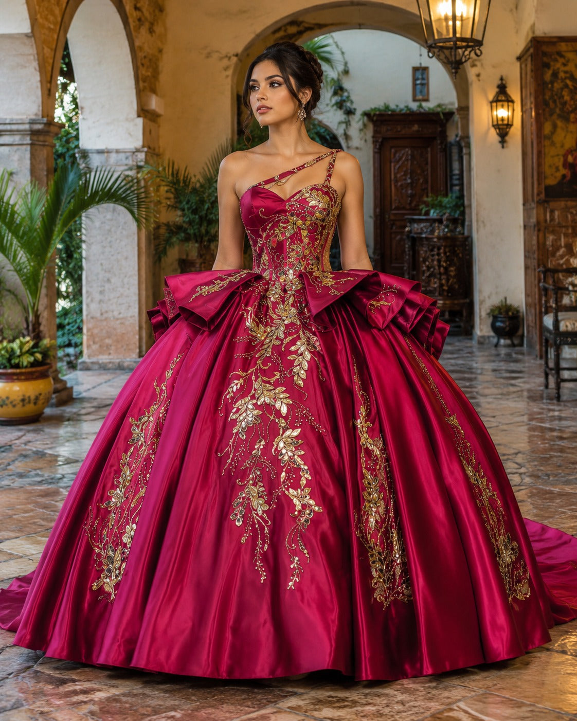 Vestido de Quinceañera Fucsia con Bordado Dorado y Diseño de Un Hombro ID600492-XV041