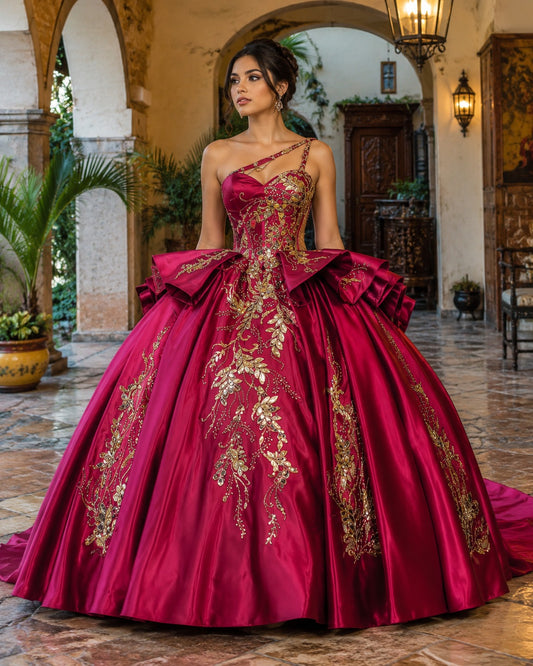 Vestido de Quinceañera Fucsia con Bordado Dorado y Diseño de Un Hombro ID600492-XV041