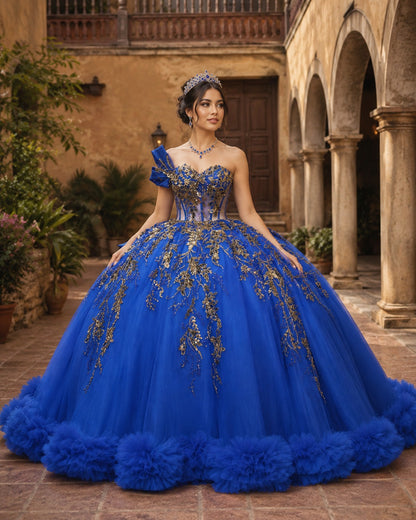 Vestido de Quinceañera Azul Rey con Bordado Dorado y Detalle Floral en Falda ID600492-XV043