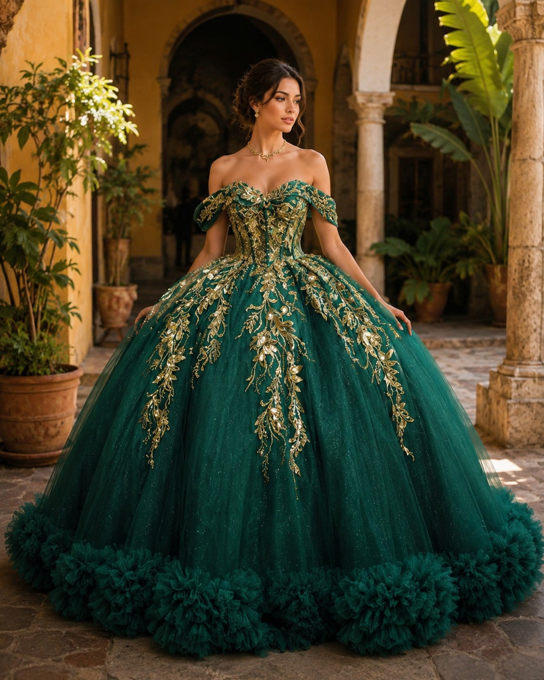 Vestido de Quinceañera Verde Esmeralda con Bordado Dorado y Detalle Floral en Falda I600492-XV044
