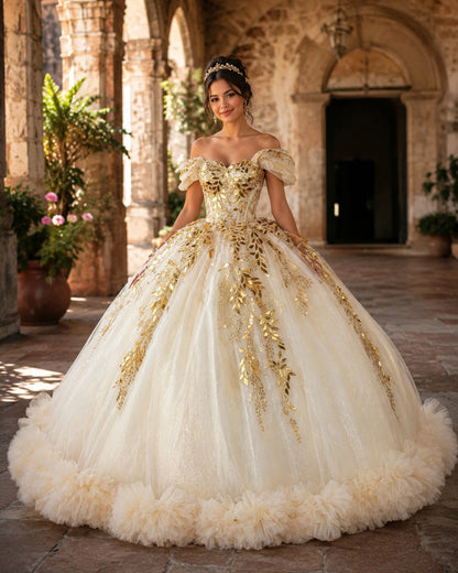 Vestido de Quinceañera Champagne con Bordado Dorado y Detalle Floral en Falda ID600492-XV045