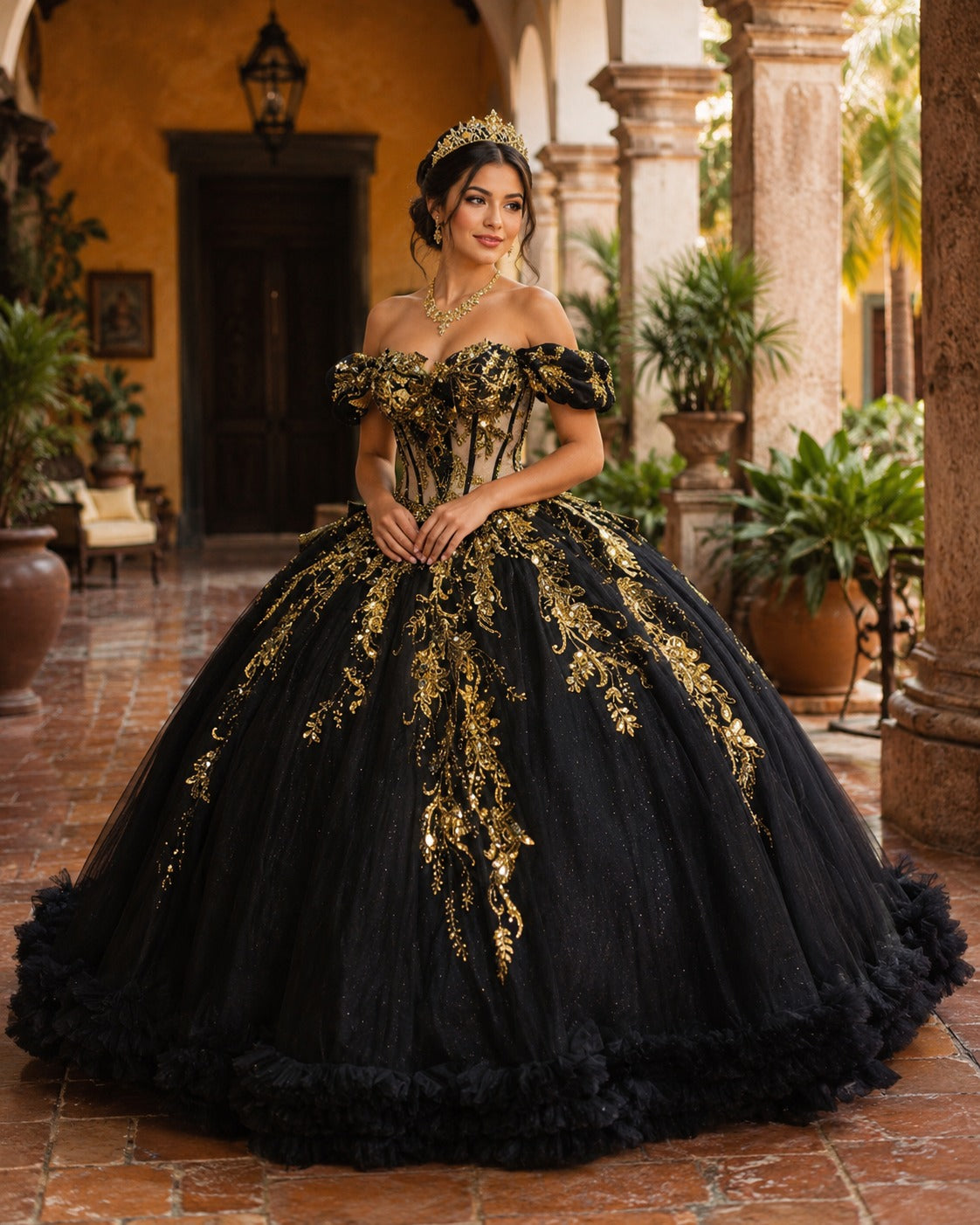 Vestido de Quinceañera Negro con Bordado Dorado y Detalle Floral en Falda ID600492-XV046