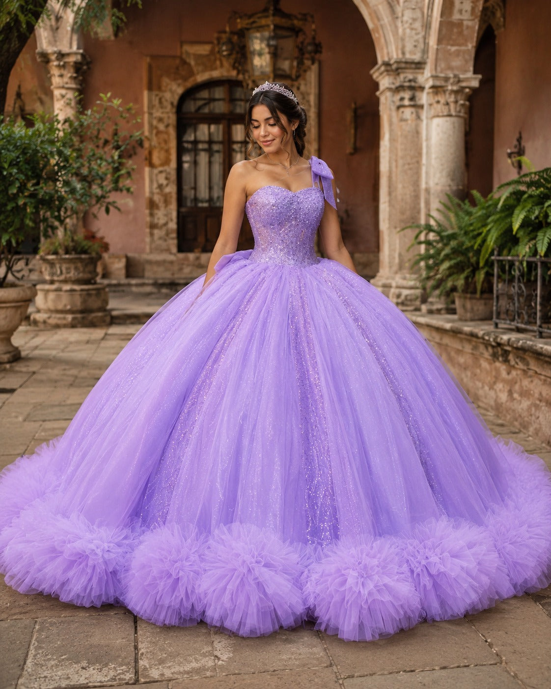 Vestido de Quinceañera Lila con Brillo y Detalle Floral en Falda ID600492-XV048