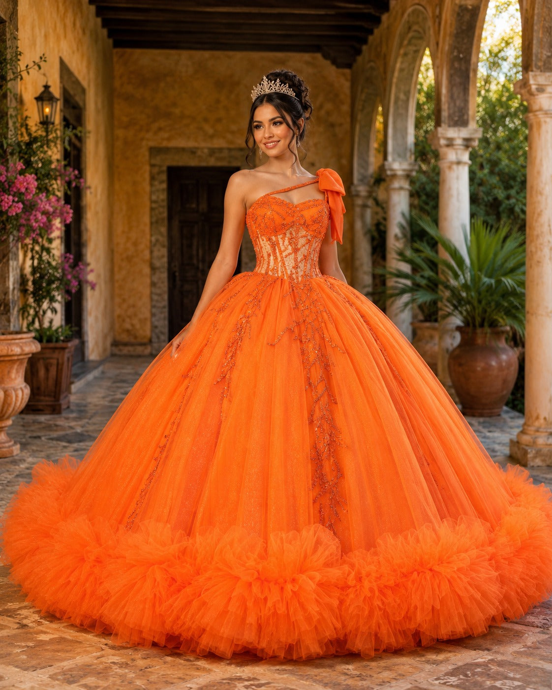 Vestido de Quinceañera Naranja con Brillo y Detalle Floral Voluminoso en Falda ID600492-XV049