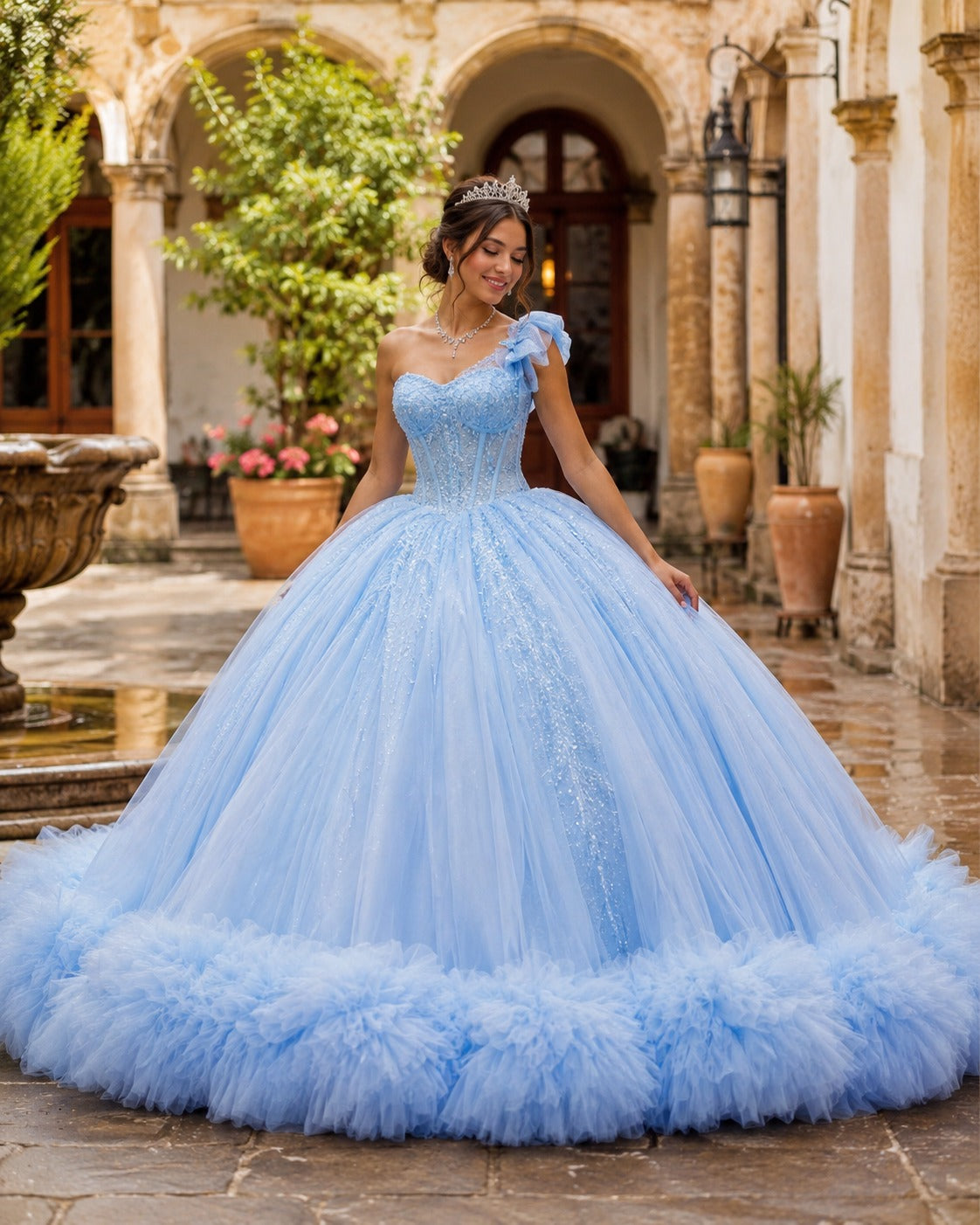 Vestido de Quinceañera Azul Cielo con Brillo y Detalle Floral Voluminoso en Falda ID600492-XV049