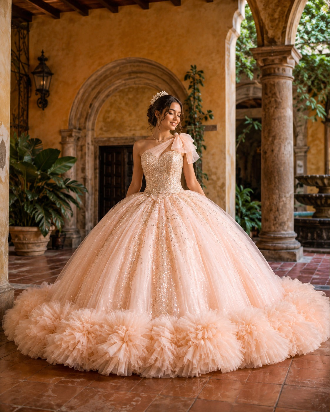 Vestido de Quinceañera Rosa Bluhs con Brillo, Diseño de Un Hombro y Falda Voluminosa ID600492-XV050