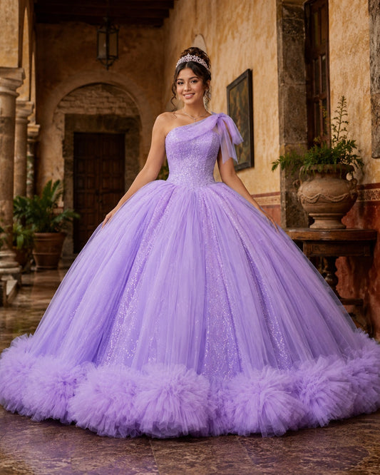 Vestido de Quinceañera Lila con Brillo, Diseño de Un Hombro y Falda Voluminosa ID600492-XV050