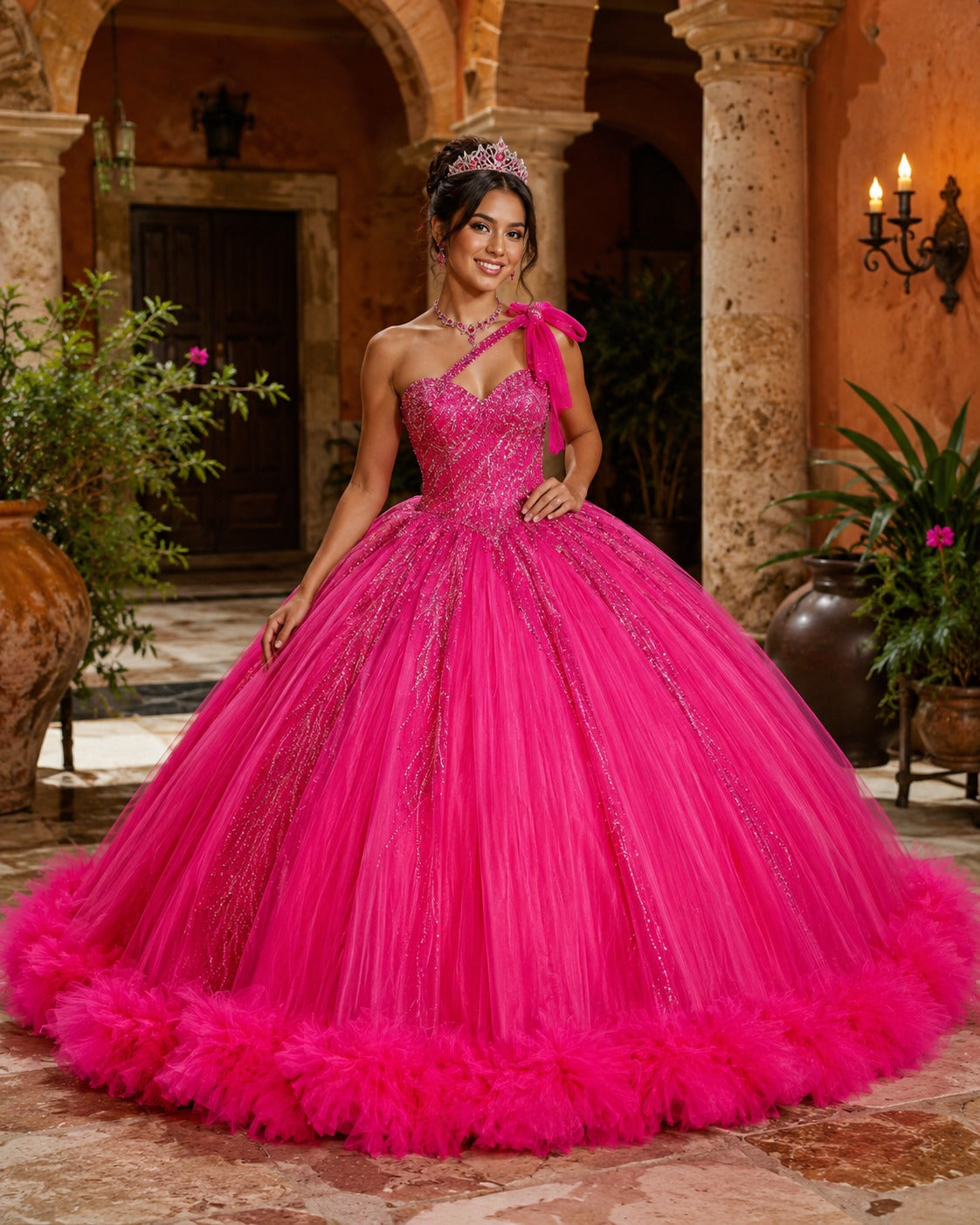 Vestido de Quinceañera Fucsia con Brillo, Diseño de Un Hombro y Falda Voluminosa ID600492-XV050