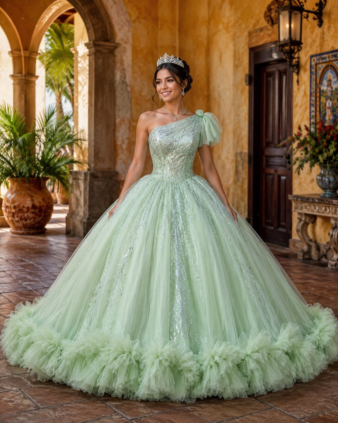 Vestido de Quinceañera Verde Pistache con Brillo, Diseño de Un Hombro y Falda Voluminosa ID600492-XV050