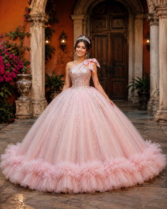 Vestido de Quinceañera Rosa Palo con Brillo, Diseño de Un Hombro y Falda Voluminosa ID600492-XV050