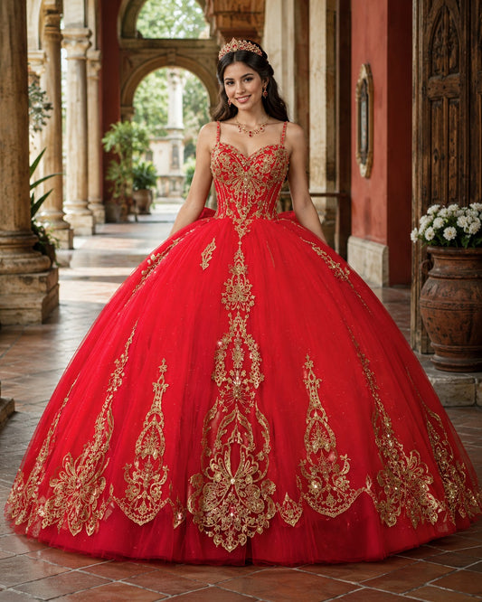 Vestido de Quinceañera Rojo con Bordado Dorado ID600492-XV051