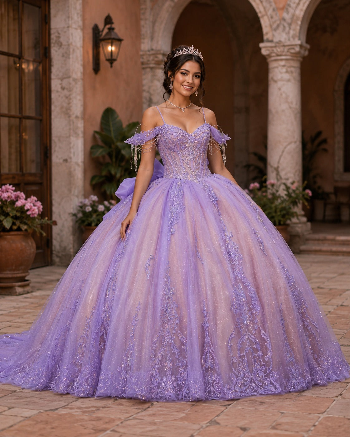 Vestido de Quinceañera Lila con Rosa Blush y Bordado Brillante ID600492-XV052