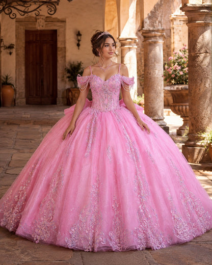 Vestido de Quinceañera Rosa con Bordado Brillante y Hombros Descubiertos ID600492-XV053