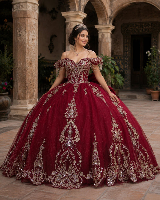 Vestido de Quinceañera Vino con Bordado Dorado y Hombros Descubiertos ID600492-XV054