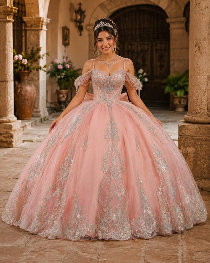 Vestido de Quinceañera Rosa Peach con Bordado Plateado y Hombros Descubiertos ID600492-XV056