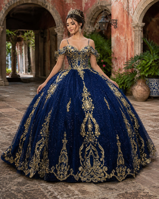 Vestido de Quinceañera Azul Marino con Bordado Dorado y Hombros Descubiertos ID600492-XV057