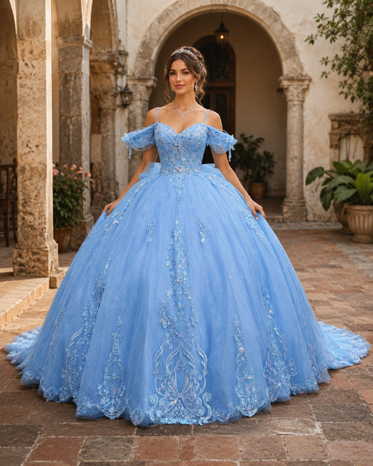 Vestido de Quinceañera Azul Cielo con Bordado Brillante y Hombros Descubiertos ID600492-XV058