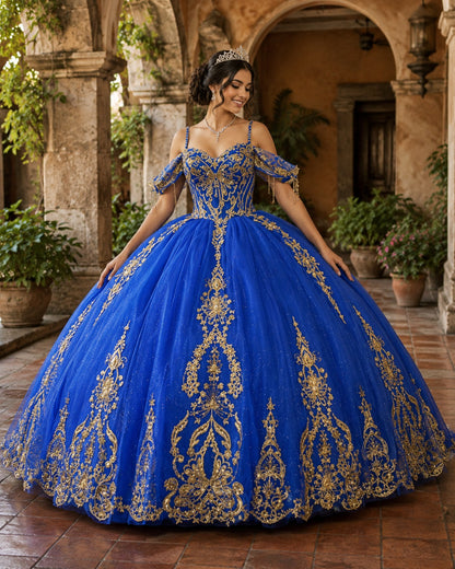 Vestido de Quinceañera Azul Rey con Bordado Dorado y Hombros Descubiertos ID600492-XV059