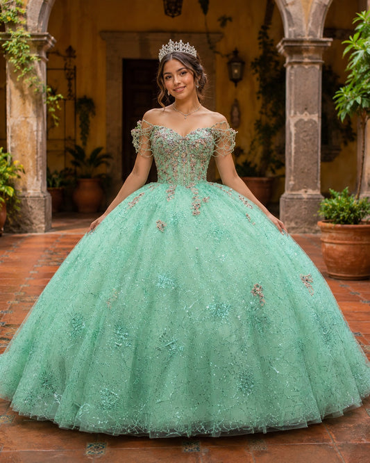 Vestido de Quinceañera Verde Menta con Bordado Brillante y Hombros Descubiertos ID600492-XV060