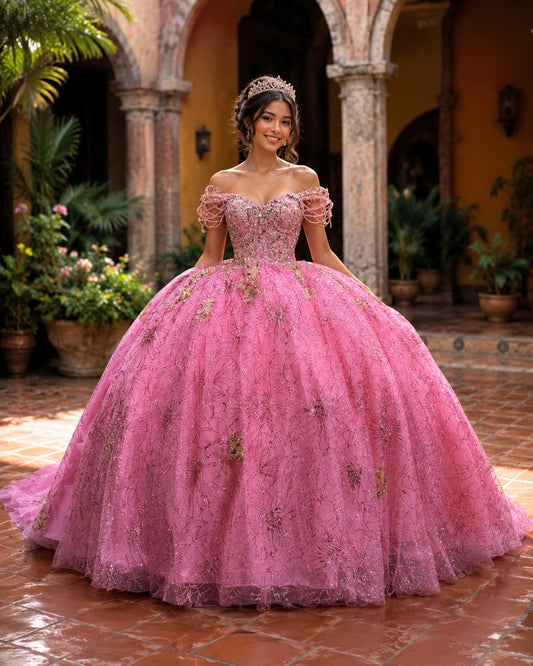 Vestido de Quinceañera Rosa con Bordado Brillante y Hombros Descubiertos ID600492-XV061