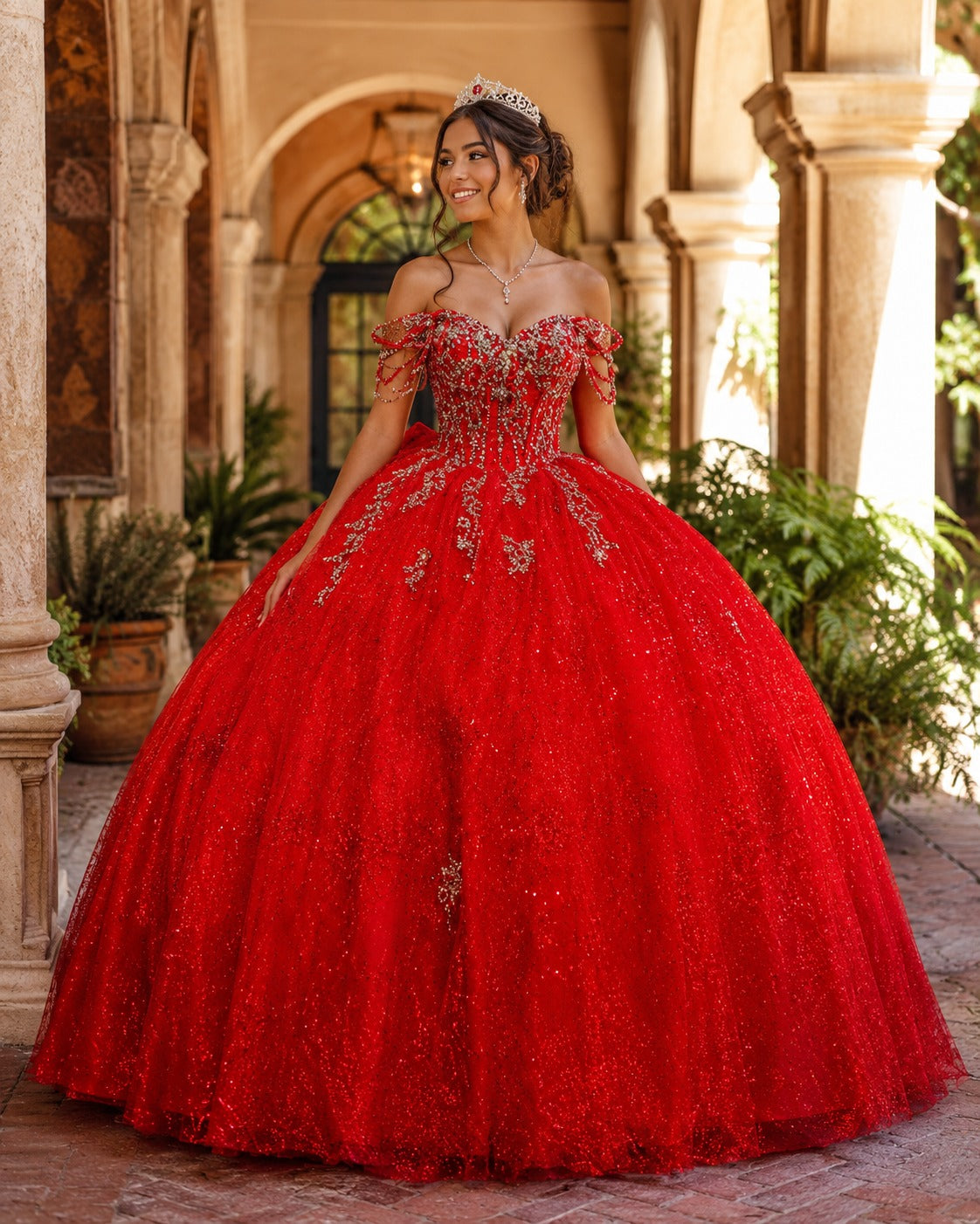 Vestido de Quinceañera Rojo con Brillo y Hombros Descubiertos ID600492-XV062