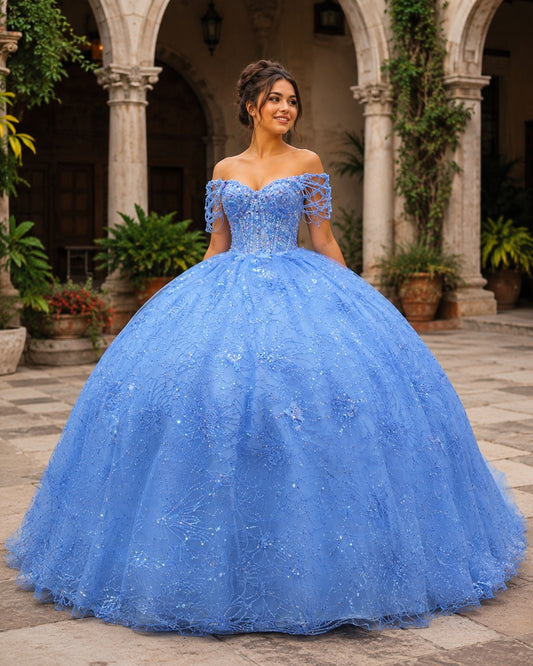 Vestido de Quinceañera Azul Cielo con Brillo y Hombros Descubiertos ID600492-XV063