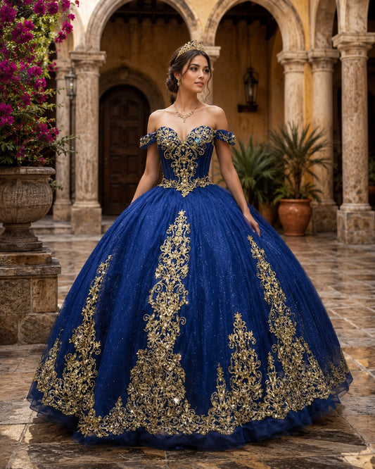Vestido de Quinceañera Azul Rey con Bordado Dorado y Hombros Descubiertos ID600492-XV064