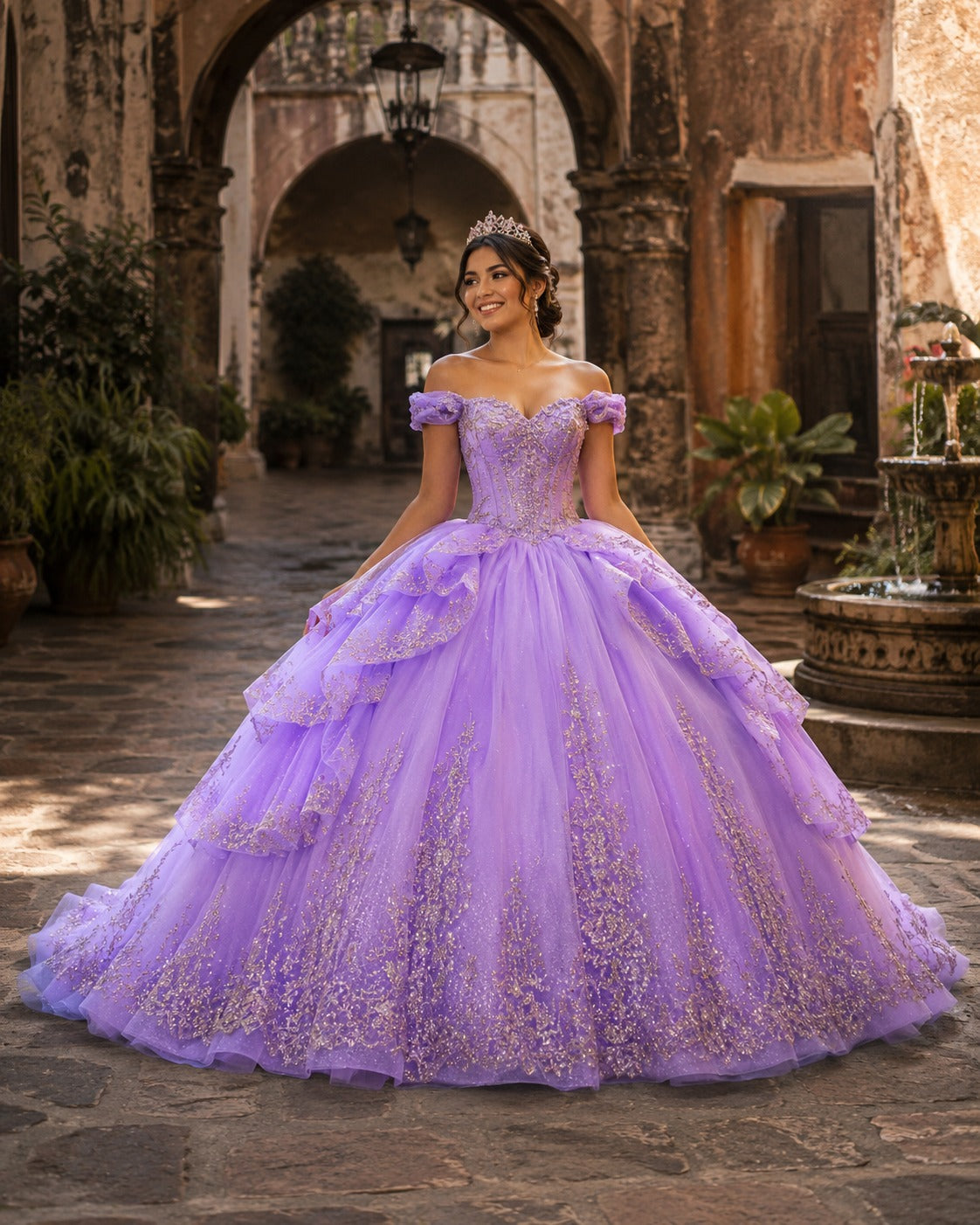 Vestido de Quinceañera Lila con Bordado Plateado y Falda de Capas ID600492-XV066