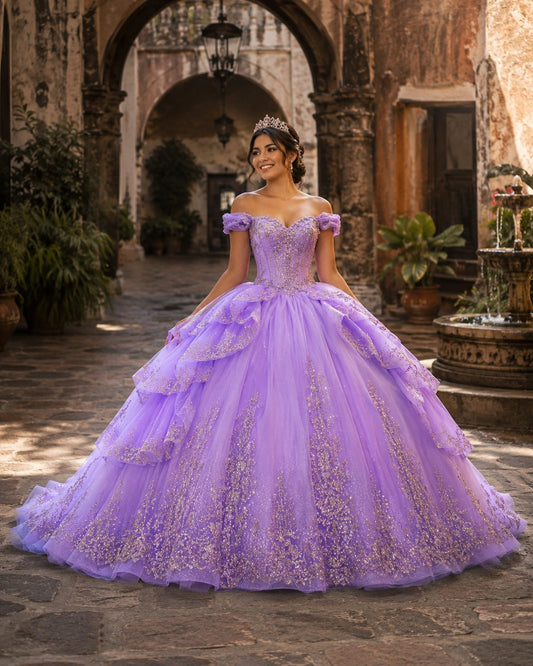 Vestido de Quinceañera Lila con Bordado Plateado y Falda de Capas ID600492-XV066