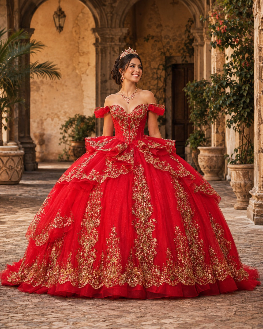 Vestido de Quinceañera Rojo con Bordado Dorado y Falda de Capas ID600492-XV066