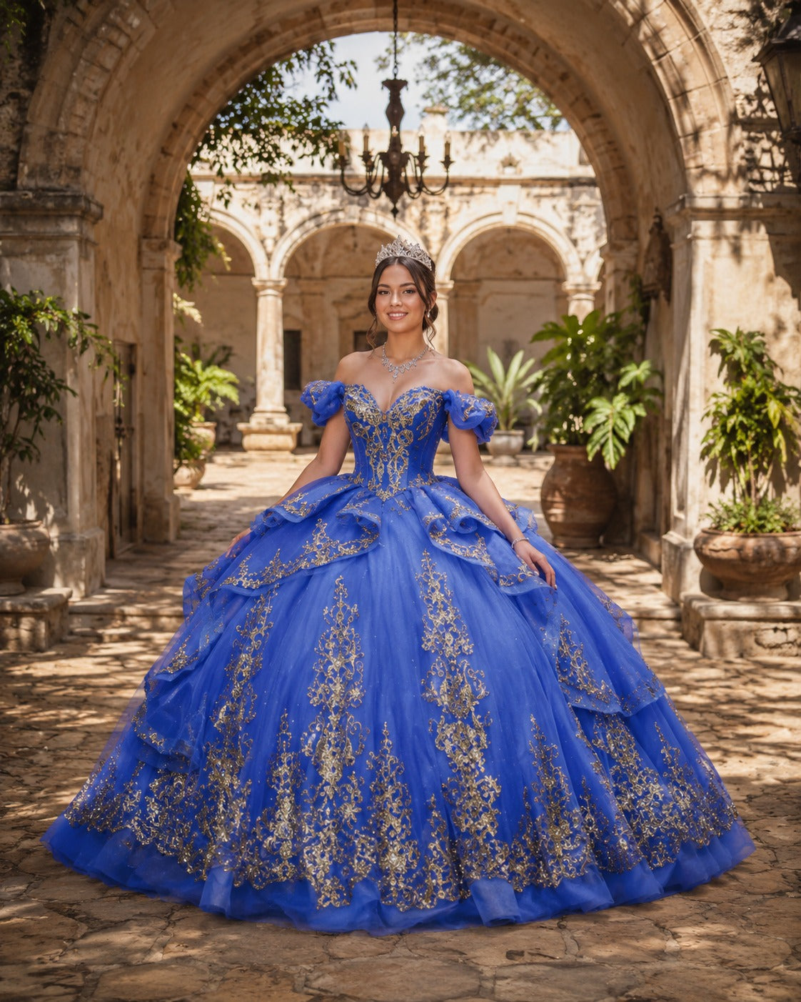 Vestido de Quinceañera Azul Rey con Bordado Plateado y Falda de Capas ID600492-XV066