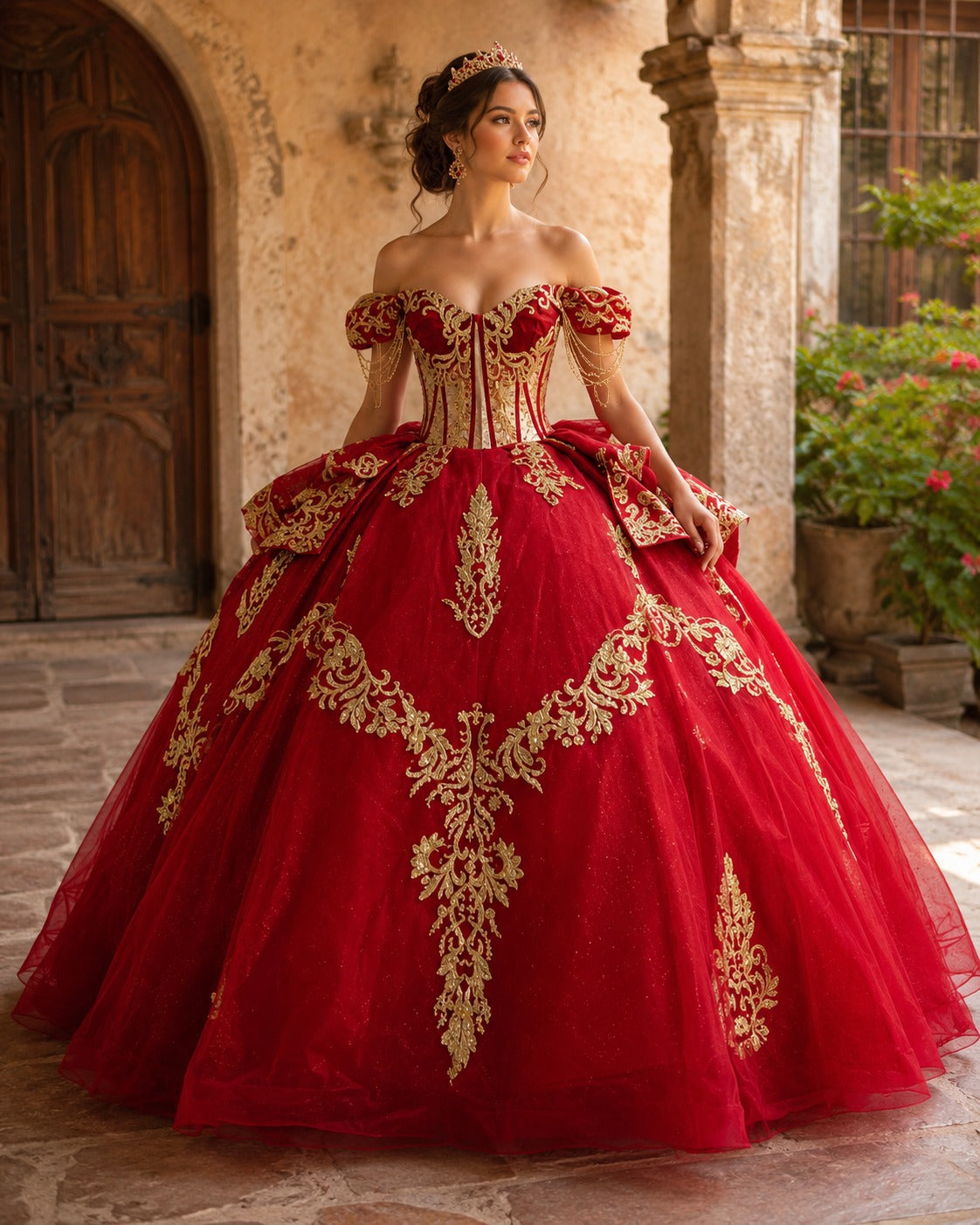 Vestido de Quinceañera Rojo con Bordado Dorado ID600492-XV002