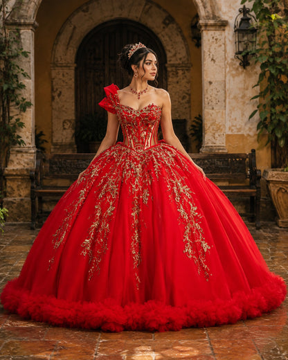 Vestido de Quinceañera Rojo con Bordado Dorado y Diseño de Un Hombro ID600492-XV042
