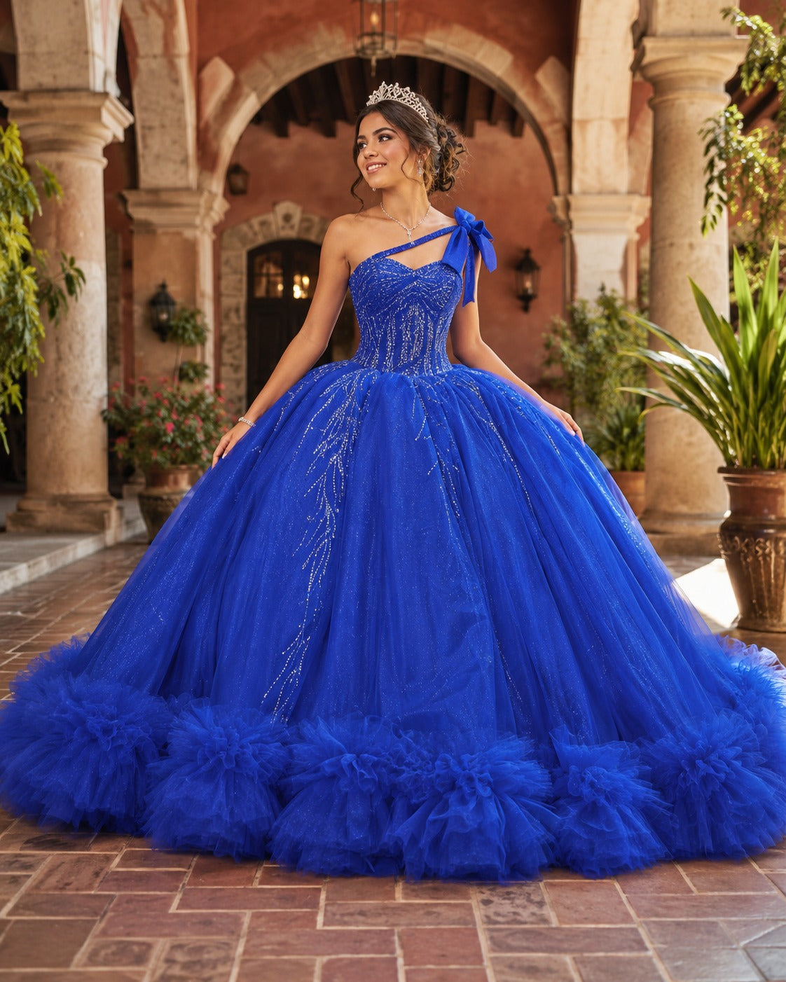 Vestido de Quinceañera Azul Rey con Brillo y Detalle Floral Voluminoso en Falda ID600492-XV049