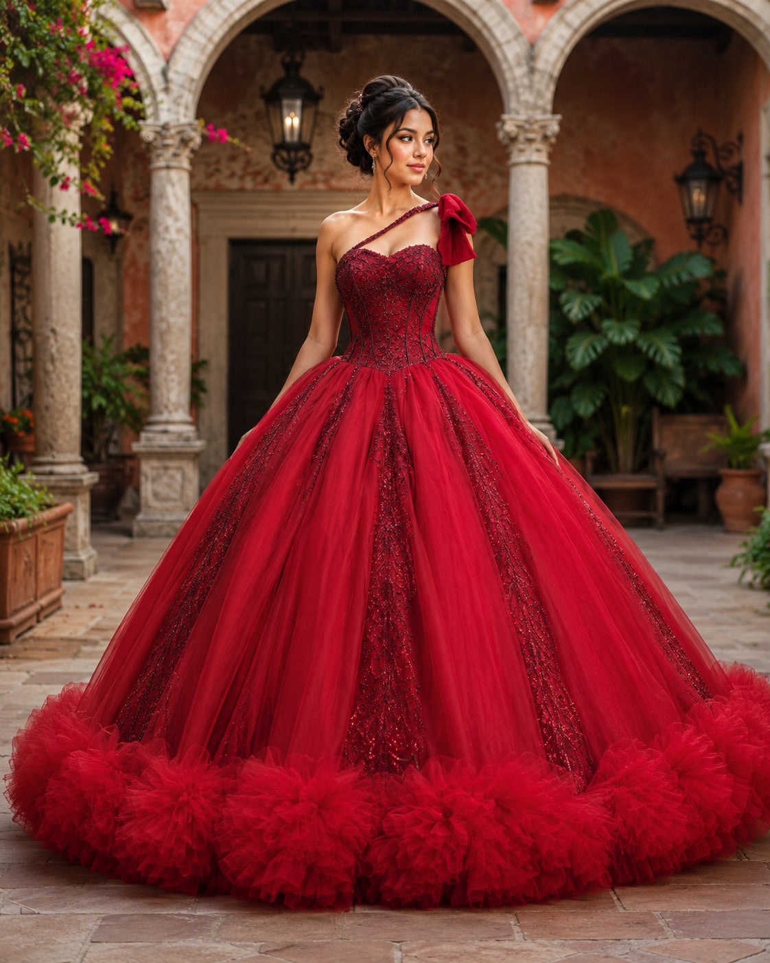 Vestido de Quinceañera Rojo con Brillo y Detalle Floral Voluminoso en Falda ID600492-XV049