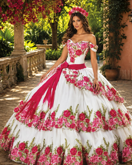 Vestido de Quinceañera Blanco con Bordado Floral Rosa ID 604135