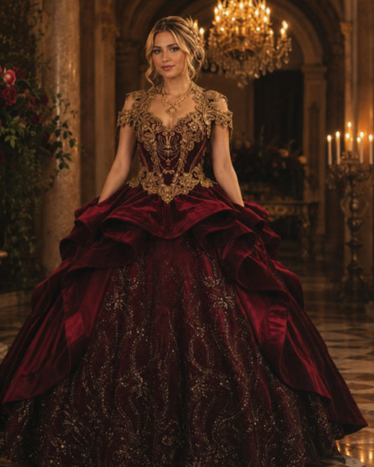 Vestido de Quinceañera Color Vino con Bordado Dorado ID 604136