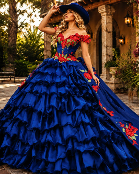 Vestido de Quinceañera Azul Rey con Bordado Floral Rojo ID 604137