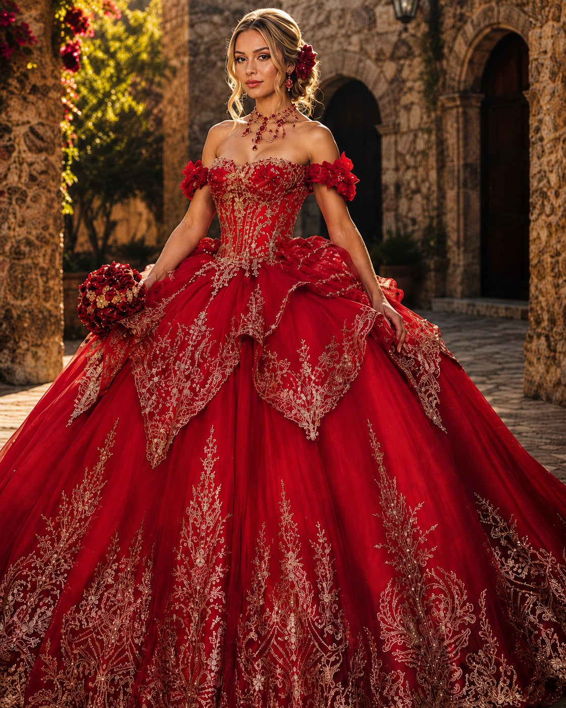 Vestido de Quinceañera Rojo con Bordado Dorado ID604138