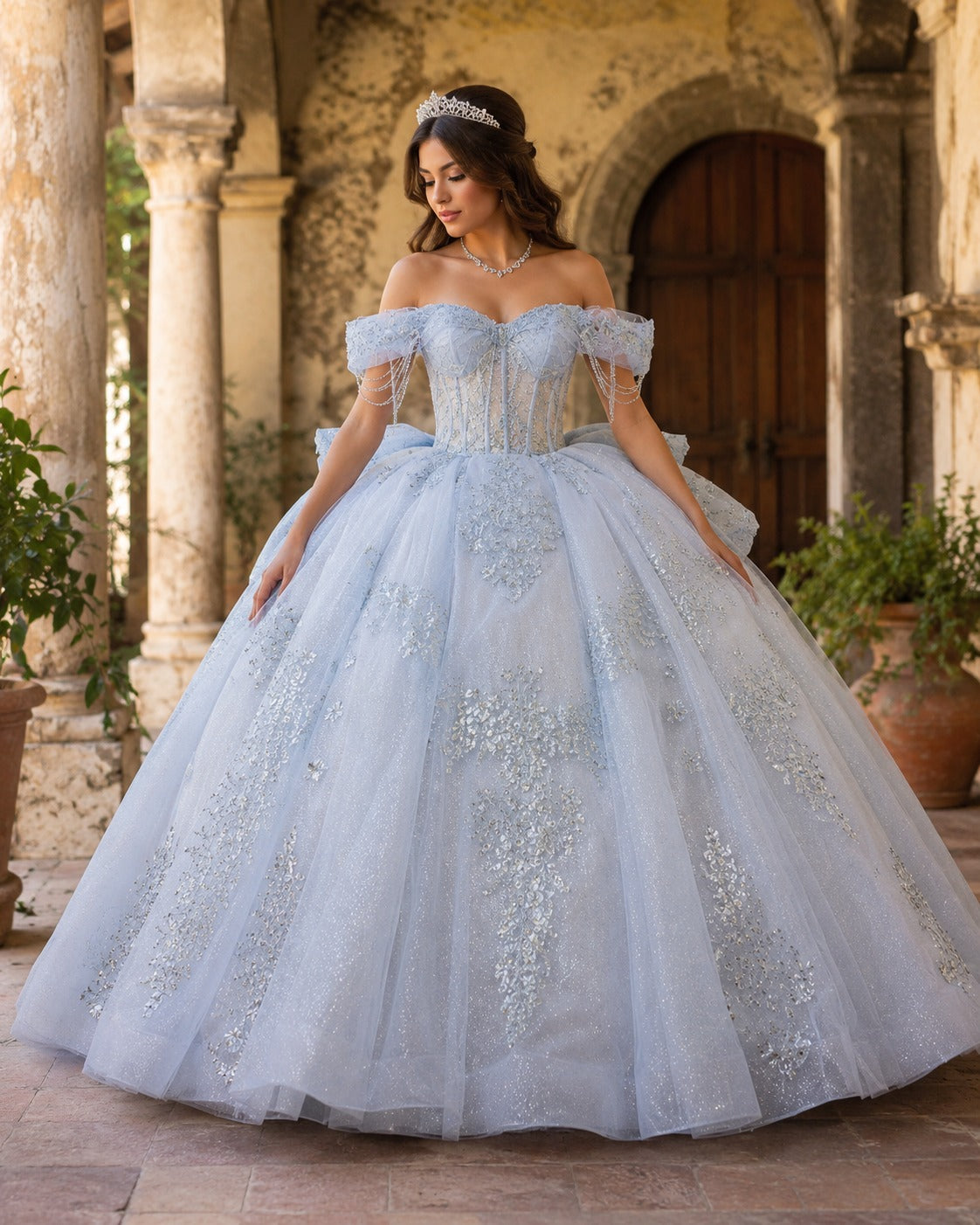Vestido de Quinceañera Azul Cielo con Bordado Plateado ID XV009