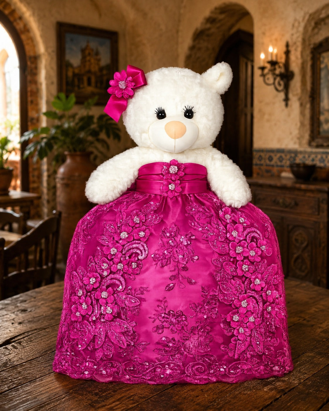 Oso de XV Años con Vestido Fucsia