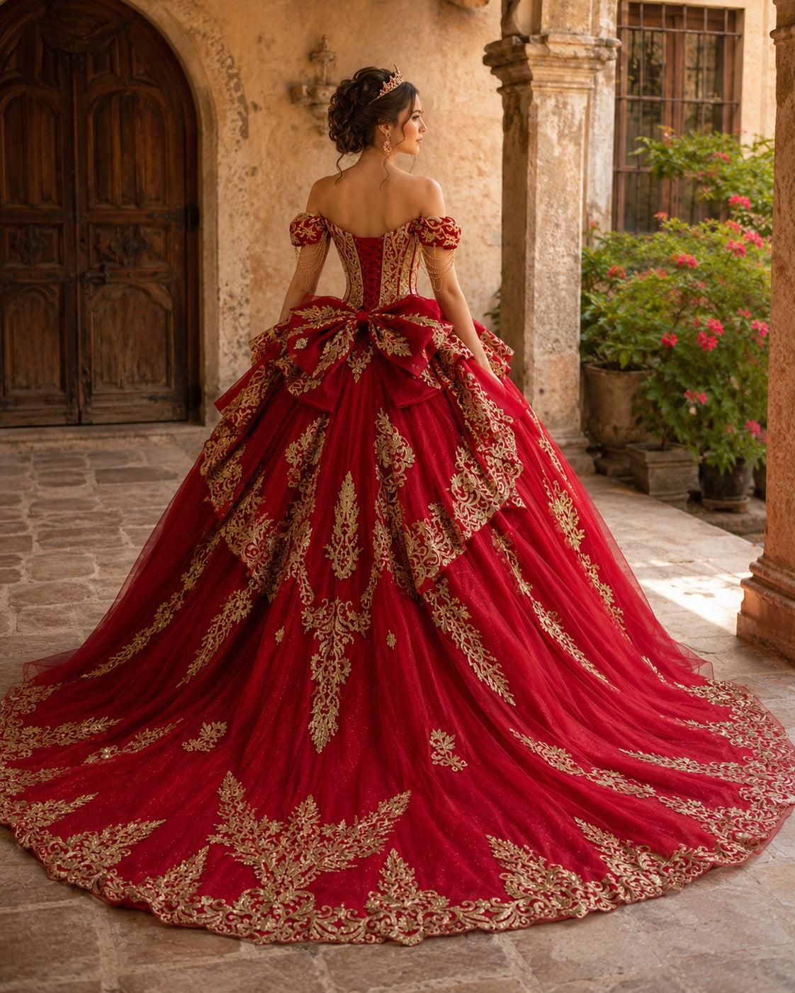 Vestido de Quinceañera Rojo con Bordado Dorado ID600492-XV002