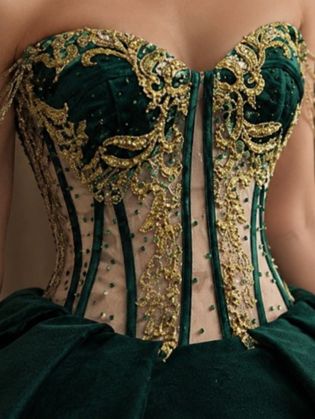 Vestido de Quinceañera Verde Esmeralda con Bordado Dorado ID600492-XV006